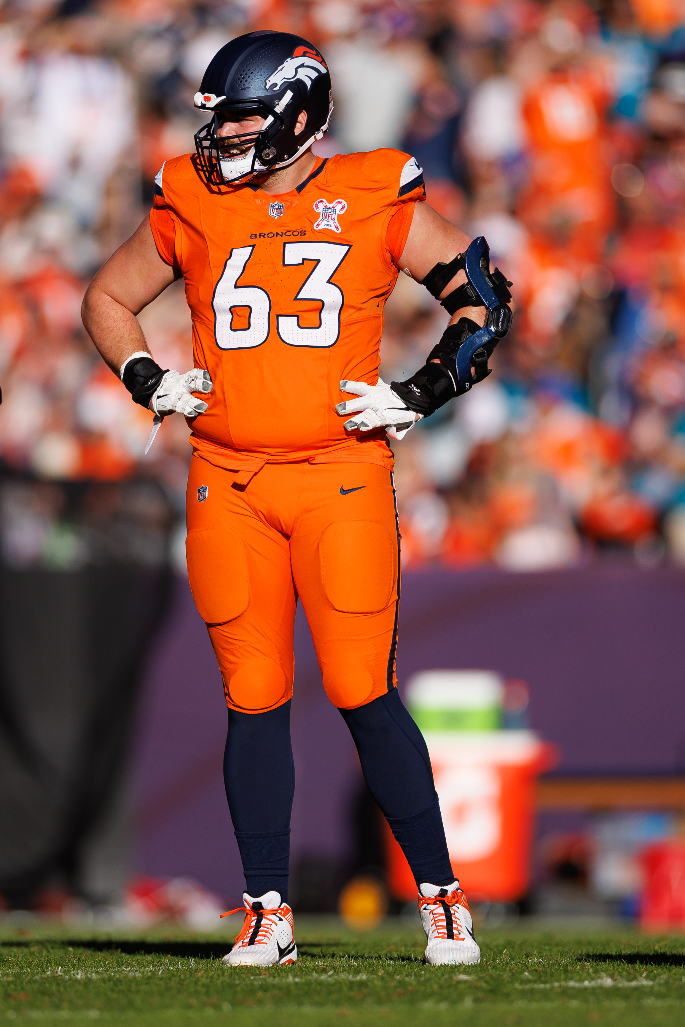 DENVER, COLORADO - DECEMBER 21: Alex Palczewski #63 of the Denver Broncos stands on the field during the first quarter of an NFL football game against the Jacksonville Jaguars at Empower Field At Mile High on December 21, 2025 in Denver, Colorado. (Photo by Brooke Sutton/Getty Images)