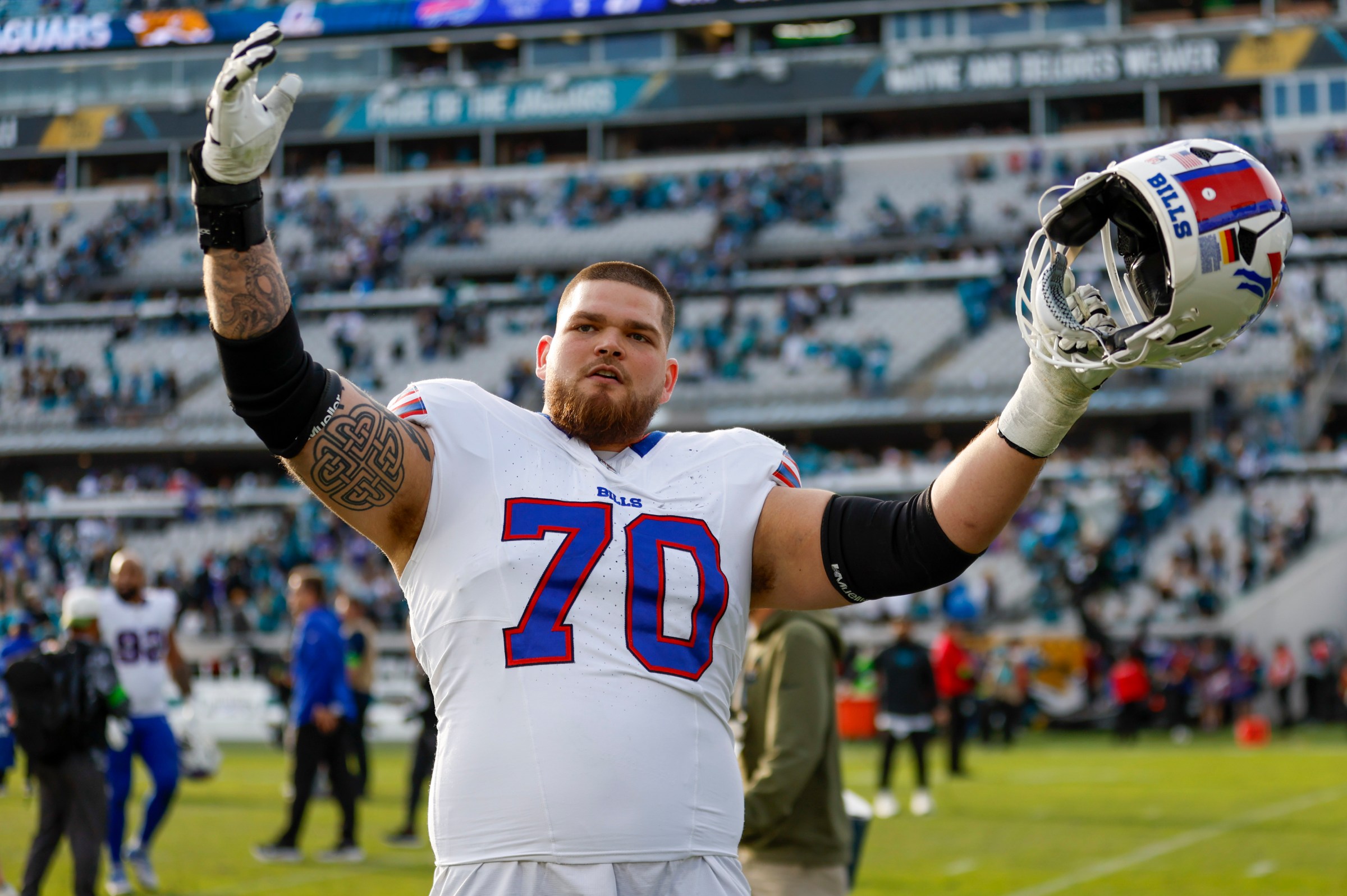 JACKSONVILLE, FL - JANUARY 11: Alec Anderson #70 of the Buffalo Bills reacts after the AFC Wildcard Playoff game between the Jacksonville Jaguars and the Buffalo Bills on January 11, 2026 at EverBank Stadium in Jacksonville, Fl. (Photo by David Rosenblum/Icon Sportswire via Getty Images)