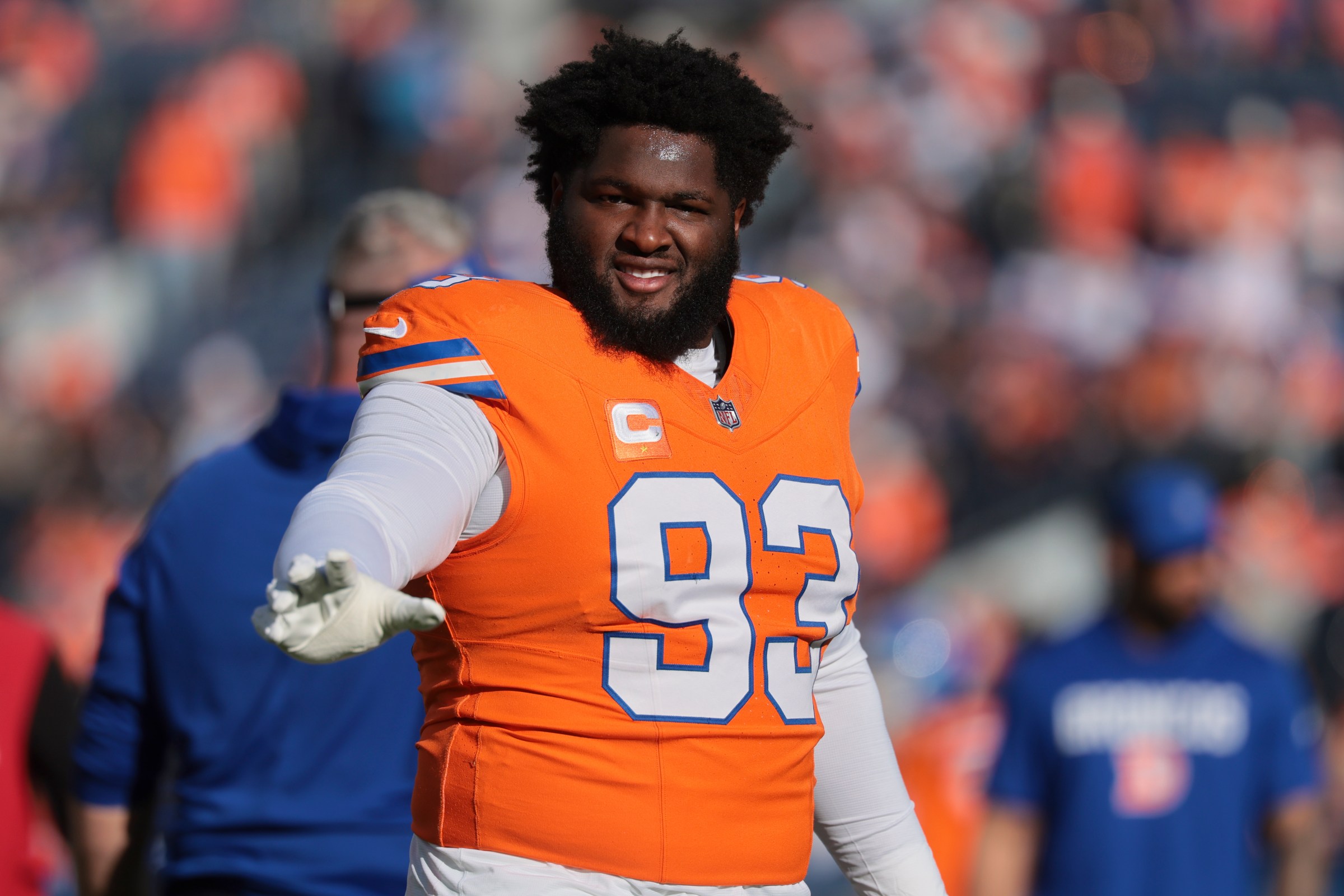 DENVER, COLORADO - JANUARY 4: D.J. Jones #93 of the Denver Broncos looks on before the game against the Los Angeles Chargers at Empower Field At Mile High on January 4, 2026 in Denver, Colorado. (Photo by C. Morgan Engel/Getty Images)