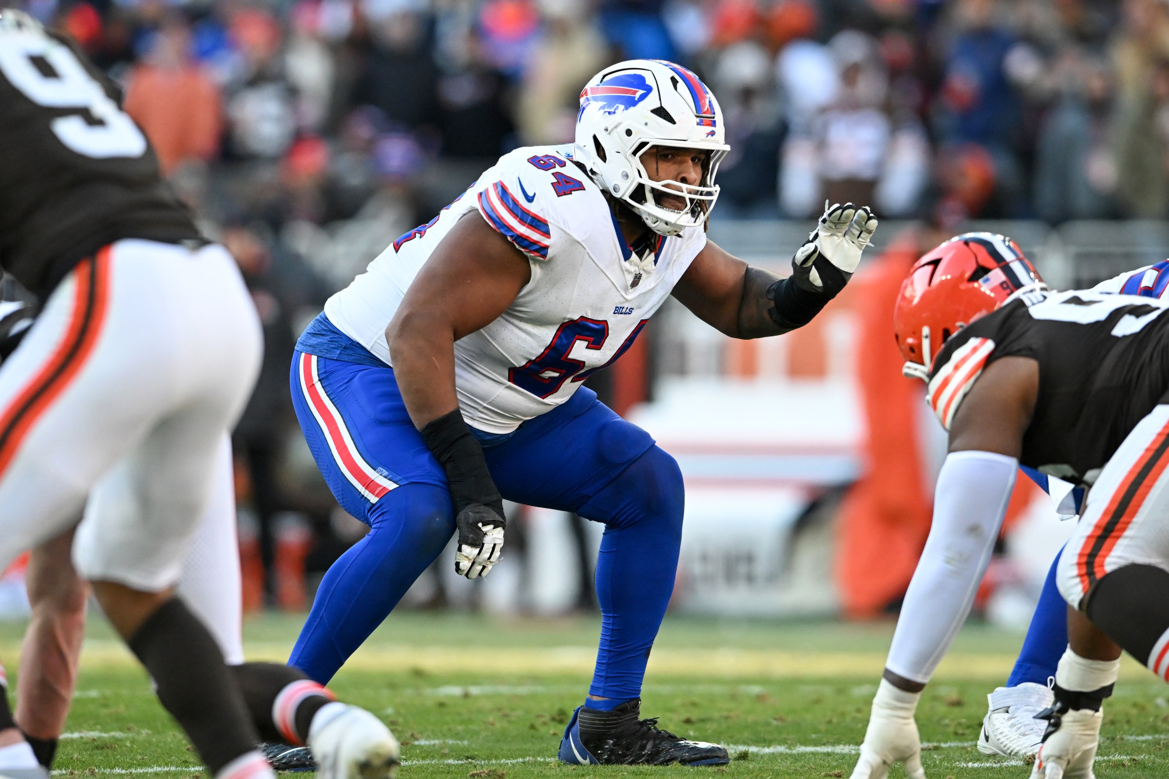 CLEVELAND, OHIO - DECEMBER 21: O’Cyrus Torrence #64 of the Buffalo Bills waits for the snap during the fourth quarter against the Cleveland Browns at Huntington Bank Field on December 21, 2025 in Cleveland, Ohio. (Photo by Nick Cammett/Diamond Images via Getty Images)