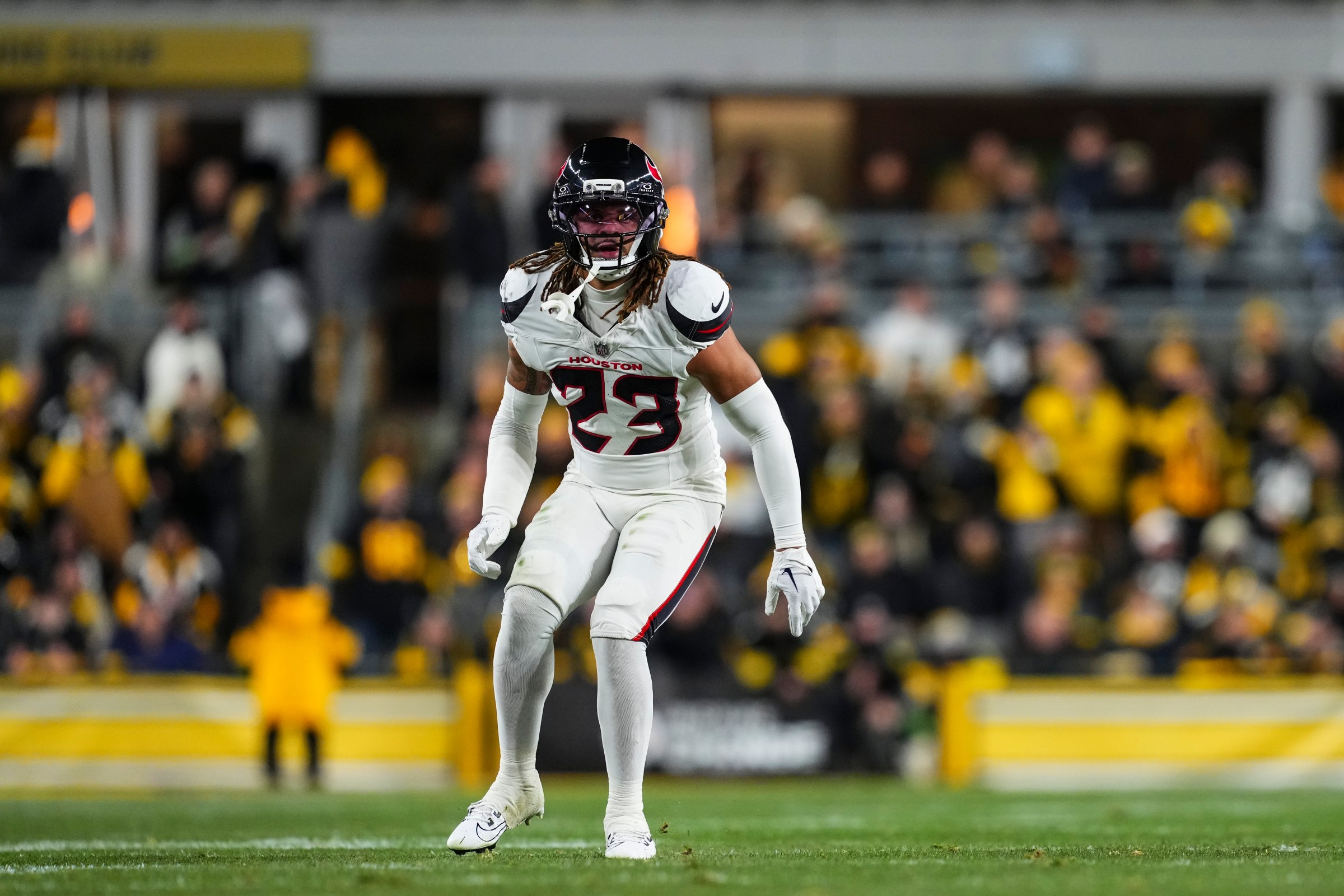 PITTSBURGH, PA - JANUARY 12: Jaylen Reed #23 of the Houston Texans defends in coverage during an NFL wild card playoff football game against the Pittsburgh Steelers at Acrisure Stadium on January 12, 2026 in Pittsburgh, Pennsylvania. (Photo by Cooper Neill/Getty Images)