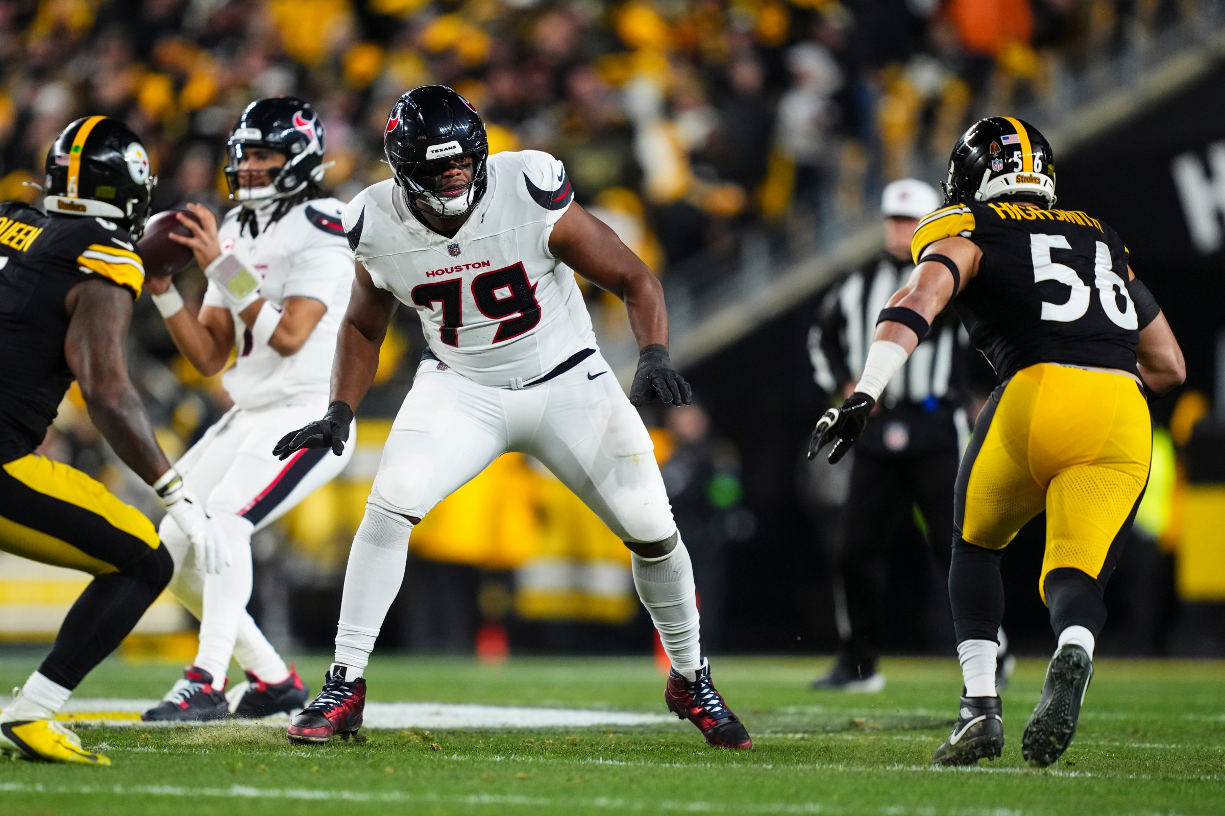 PITTSBURGH, PA - JANUARY 12: Aireontae Ersery #79 of the Houston Texans drops back to block during an NFL wild card playoff football game against the Pittsburgh Steelers at Acrisure Stadium on January 12, 2026 in Pittsburgh, Pennsylvania. (Photo by Cooper Neill/Getty Images)