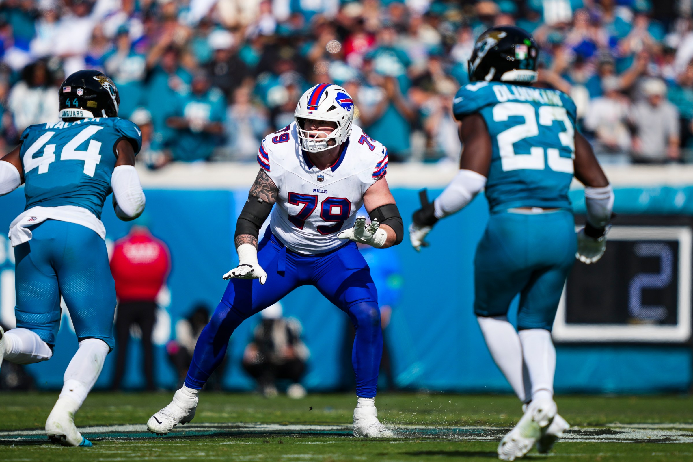 JACKSONVILLE, FLORIDA - JANUARY 11: Spencer Brown #79 of the Buffalo Bills drops back to block during an NFL wild card playoff football game against the Jacksonville Jaguars at EverBank Stadium on January 11, 2026 in Jacksonville, FL. (Photo by Perry Knotts/Getty Images)