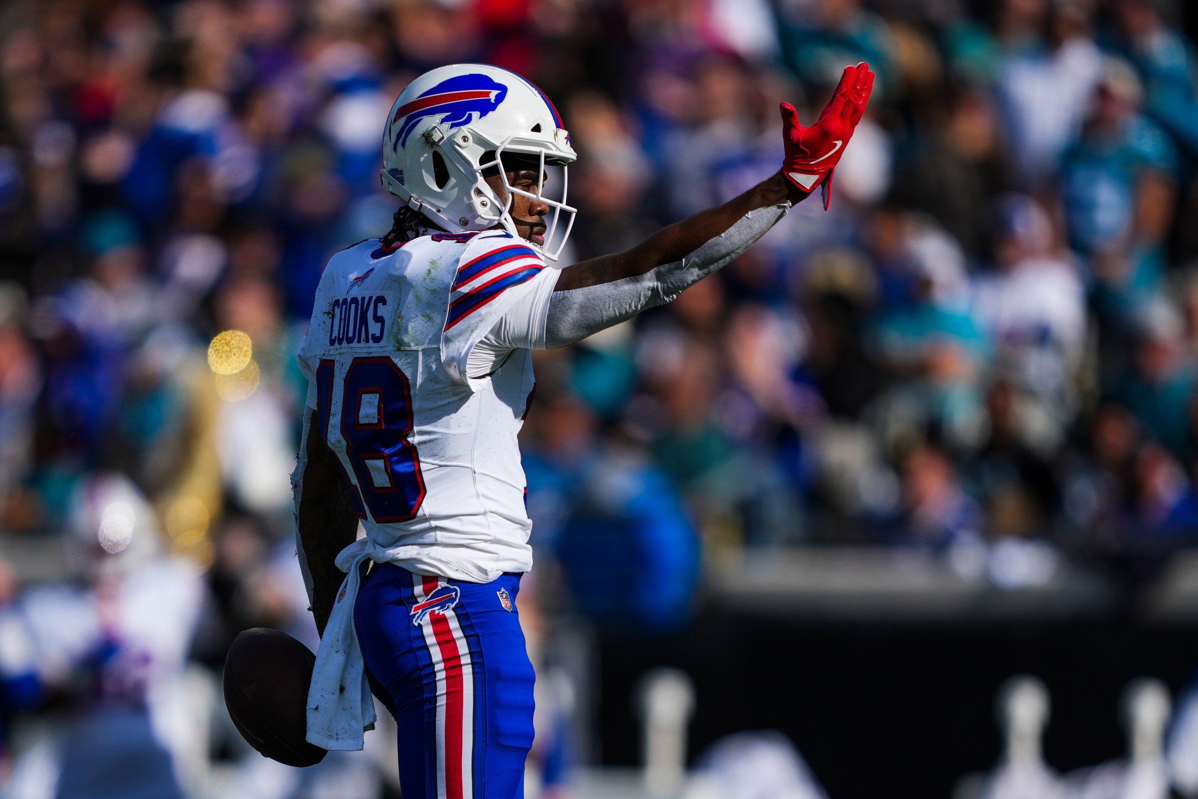JACKSONVILLE, FLORIDA - JANUARY 11: Brandin Cooks #18 of the Buffalo Bills celebrates during an NFL wild card playoff football game against the Jacksonville Jaguars at EverBank Stadium on January 11, 2026 in Jacksonville, FL. (Photo by Perry Knotts/Getty Images)