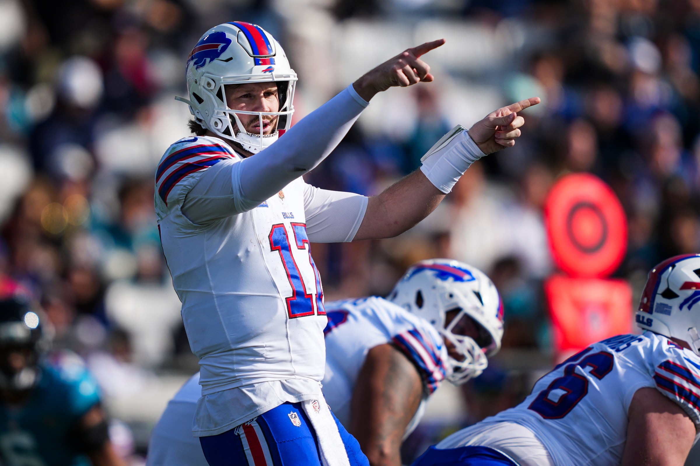 JACKSONVILLE, FLORIDA - JANUARY 11: Josh Allen #17 of the Buffalo Bills lines up before the snap during an NFL wild card playoff football game against the Jacksonville Jaguars at EverBank Stadium on January 11, 2026 in Jacksonville, FL. (Photo by Perry Knotts/Getty Images)
