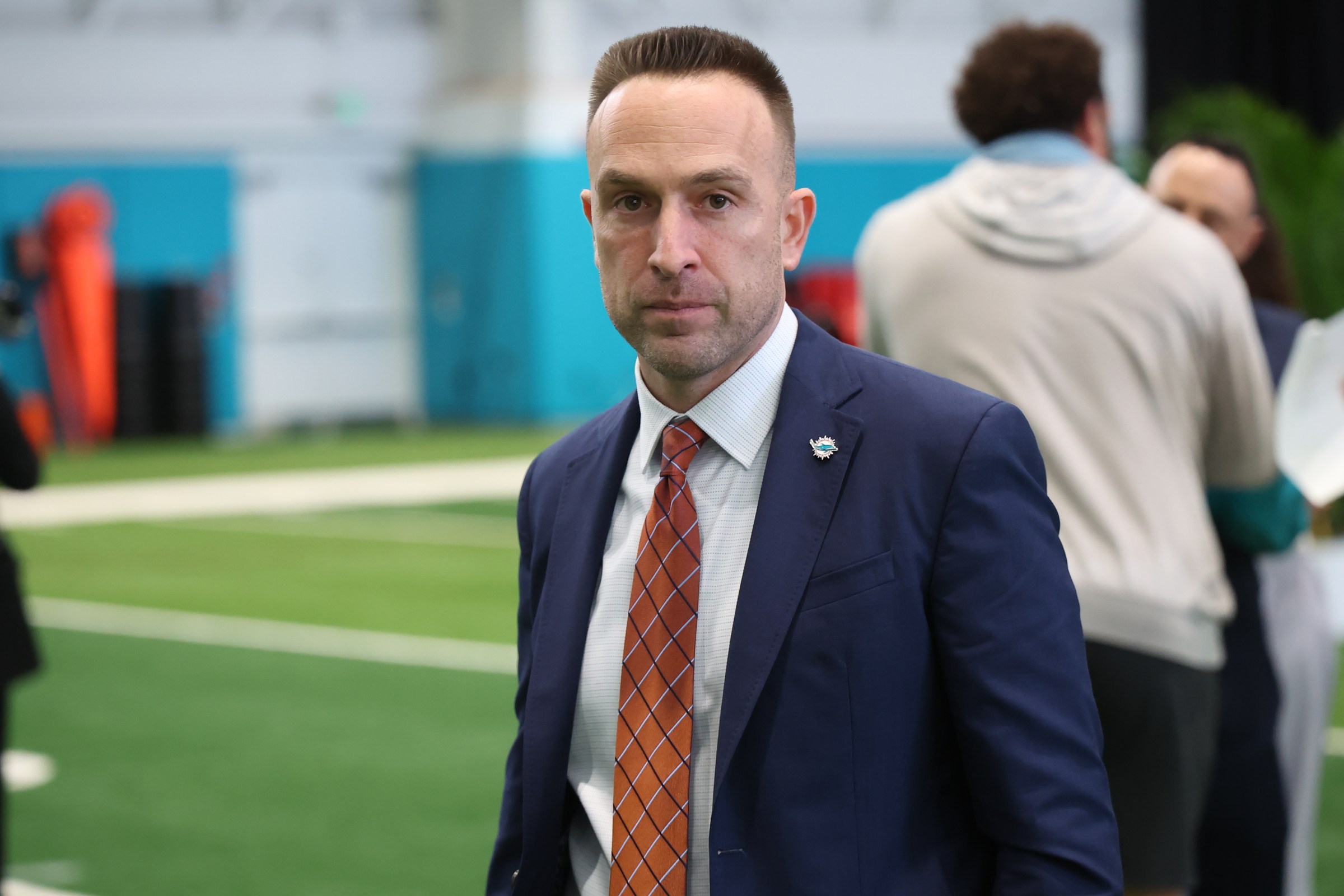 MIAMI GARDENS, FL - JANUARY 22: new Miami Dolphins head coach Jeff Hafley leaves the room following the Miami Dolphins press conference on Thursday, January 22, 2026 at Baptist Health Training Center in Miami Gardens, FL. (Photo by Peter Joneleit/Icon Sportswire via Getty Images)