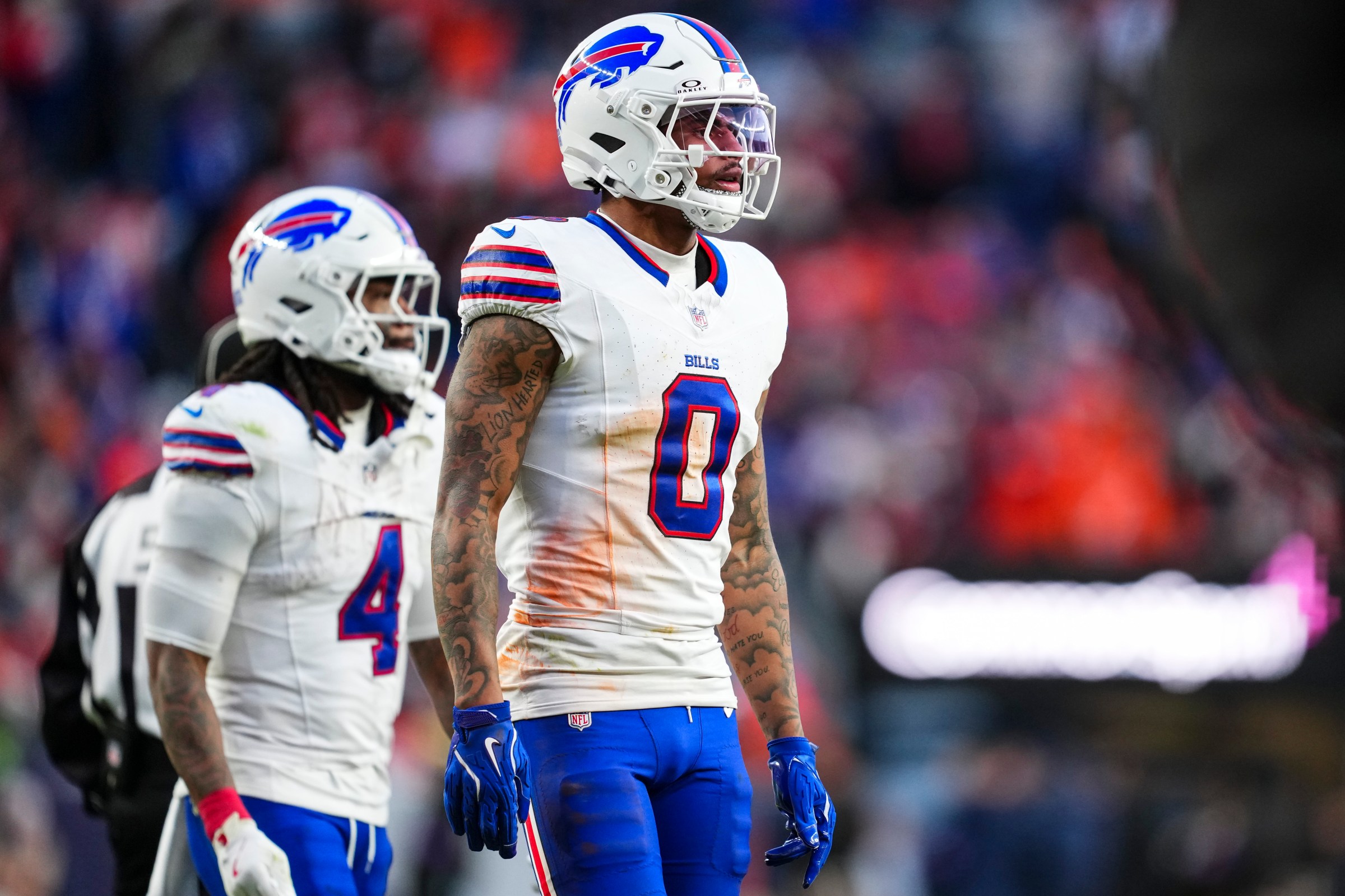 DENVER, CO - JANUARY 17: Keon Coleman #0 of the Buffalo Bills looks on from the field during an NFL divisional playoff football game against the Denver Broncos at Empower Field At Mile High on January 17, 2026 in Denver, Colorado. (Photo by Cooper Neill/Getty Images)