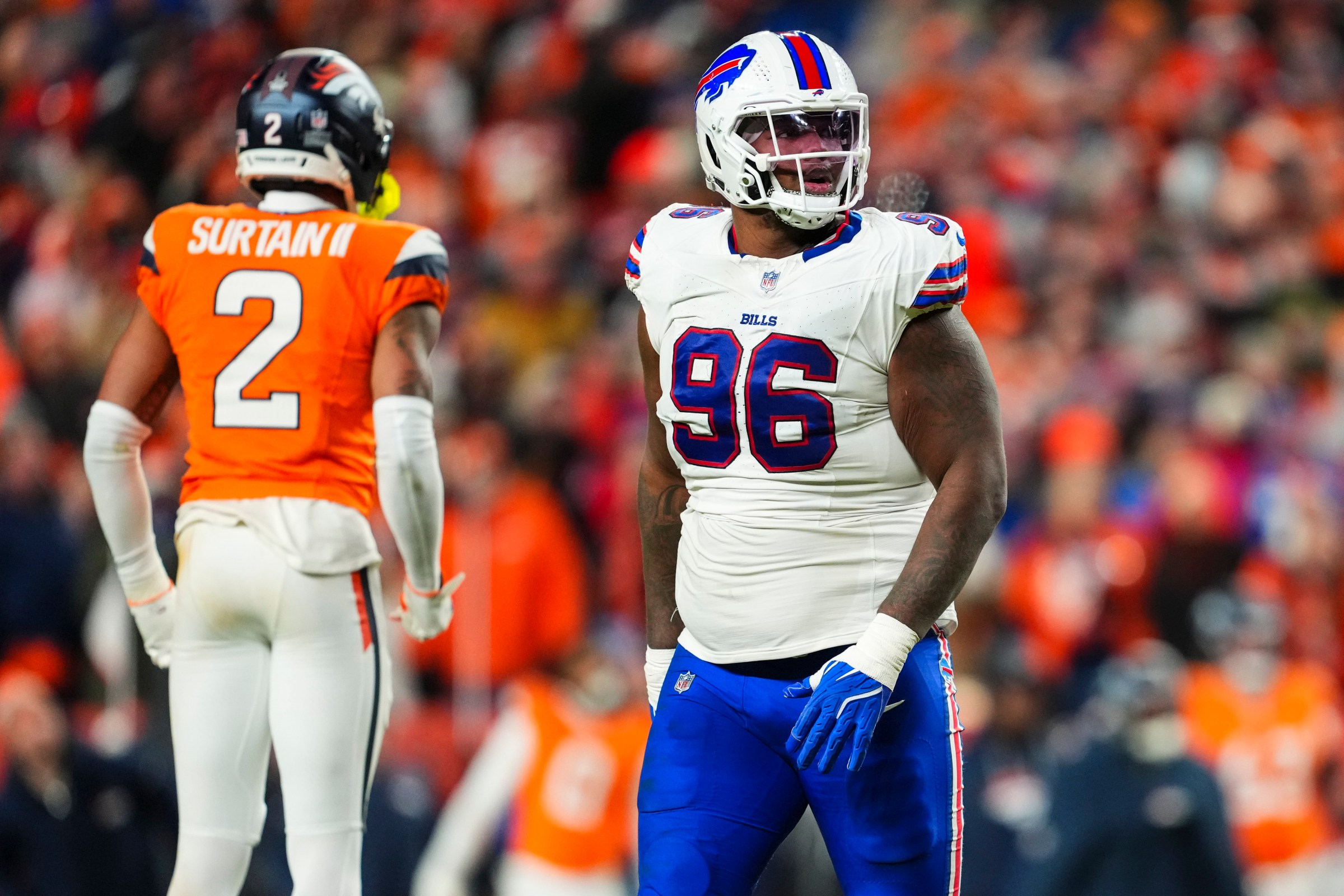 DENVER, CO - JANUARY 17: Deone Walker #96 of the Buffalo Bills looks on from the field during an NFL divisional playoff football game against the Denver Broncos at Empower Field At Mile High on January 17, 2026 in Denver, Colorado. (Photo by Cooper Neill/Getty Images)