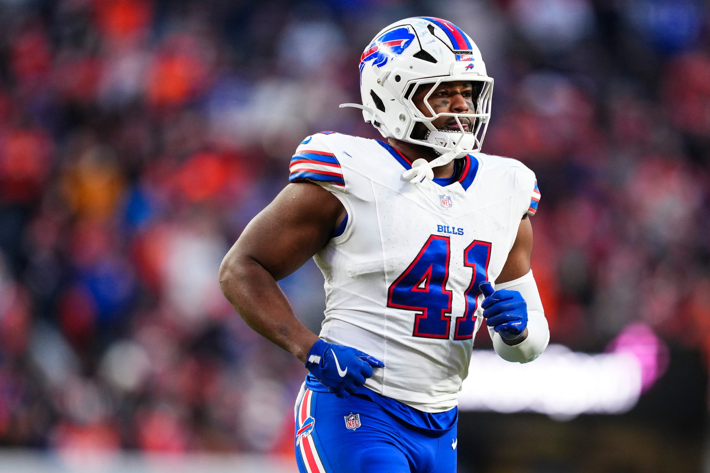 DENVER, CO - JANUARY 17: Reggie Gilliam #41 of the Buffalo Bills runs across the field during an NFL divisional playoff football game against the Denver Broncos at Empower Field At Mile High on January 17, 2026 in Denver, Colorado. (Photo by Cooper Neill/Getty Images)