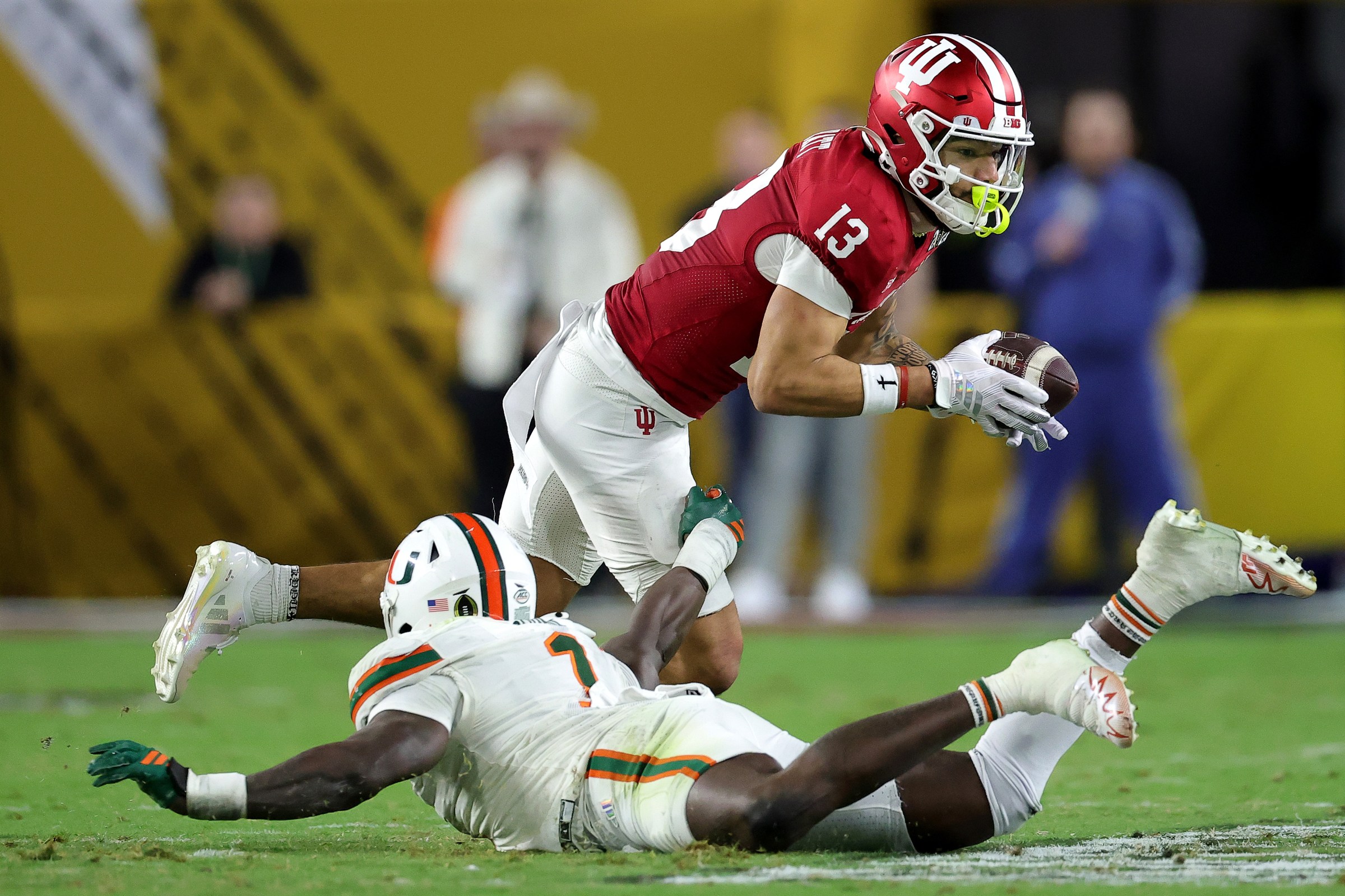 MIAMI GARDENS, FLORIDA - JANUARY 19: Elijah Sarratt #13 of the Indiana Hoosiers looks on during the third quarter against the Miami Hurricanes in the 2026 College Football Playoff National Championship at Hard Rock Stadium on January 19, 2026 in Miami Gardens, Florida. (Photo by Alex Slitz/Getty Images)