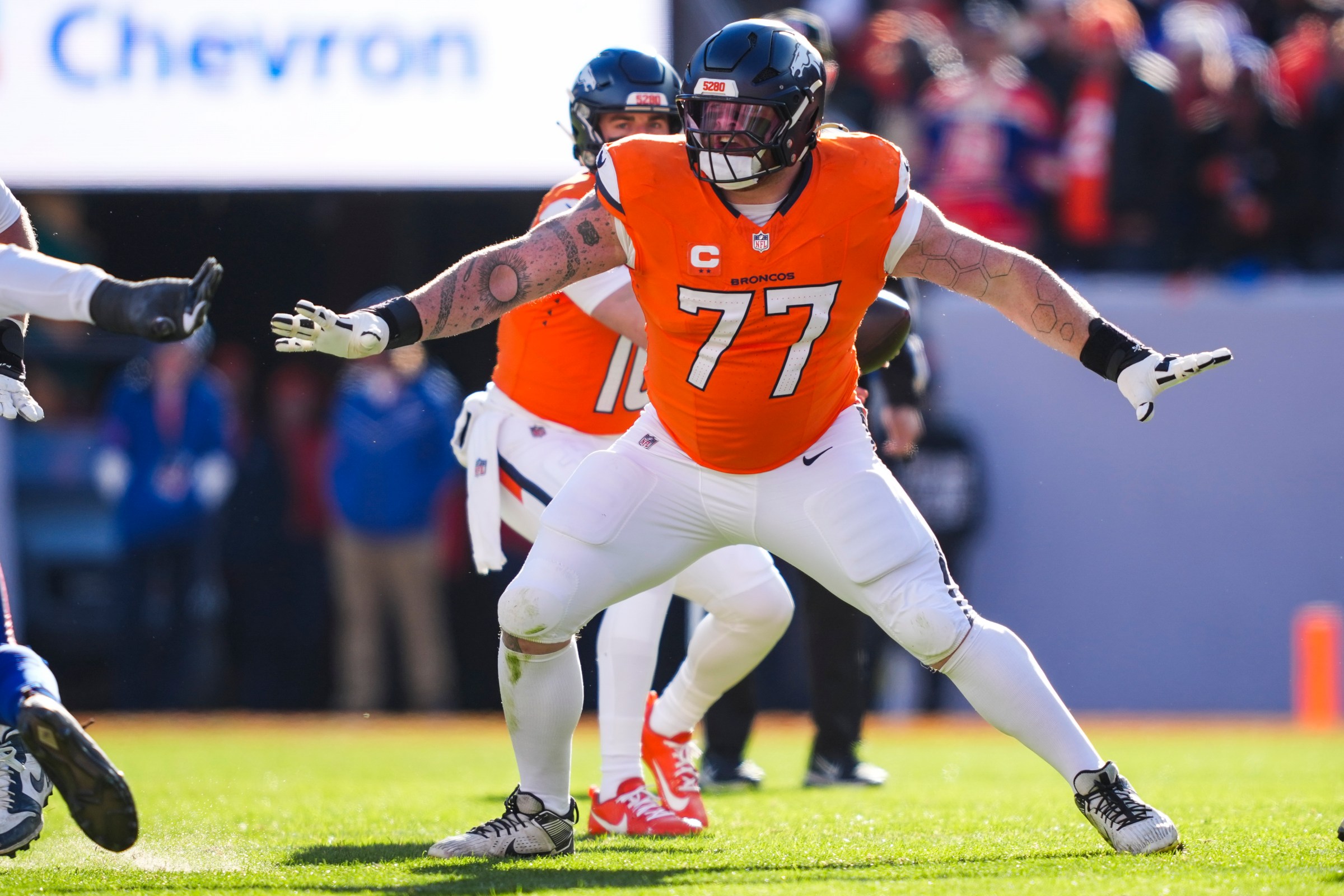 DENVER, COLORADO - JANUARY 17: Quinn Meinerz #77 of the Denver Broncos drops back to block during an NFL divisional playoff football game against the Buffalo Bills at Empower Field at Mile High on January 17, 2026 in Denver, Colorado. (Photo by Perry Knotts/Getty Images)