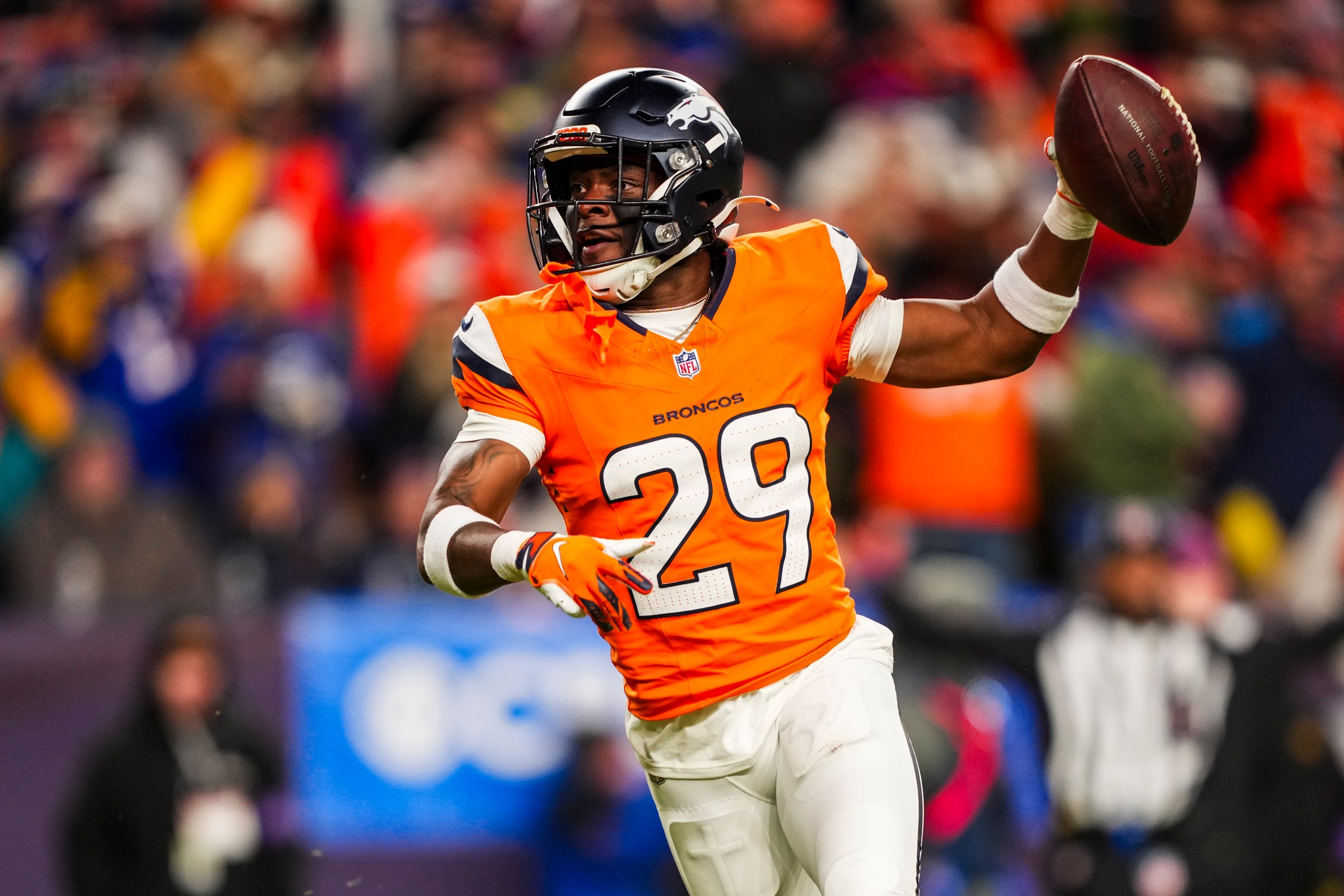 DENVER, COLORADO - JANUARY 17: Ja’Quan McMillian #29 of the Denver Broncos celebrates during an NFL divisional playoff football game against the Buffalo Bills at Empower Field at Mile High on January 17, 2026 in Denver, Colorado. (Photo by Perry Knotts/Getty Images)