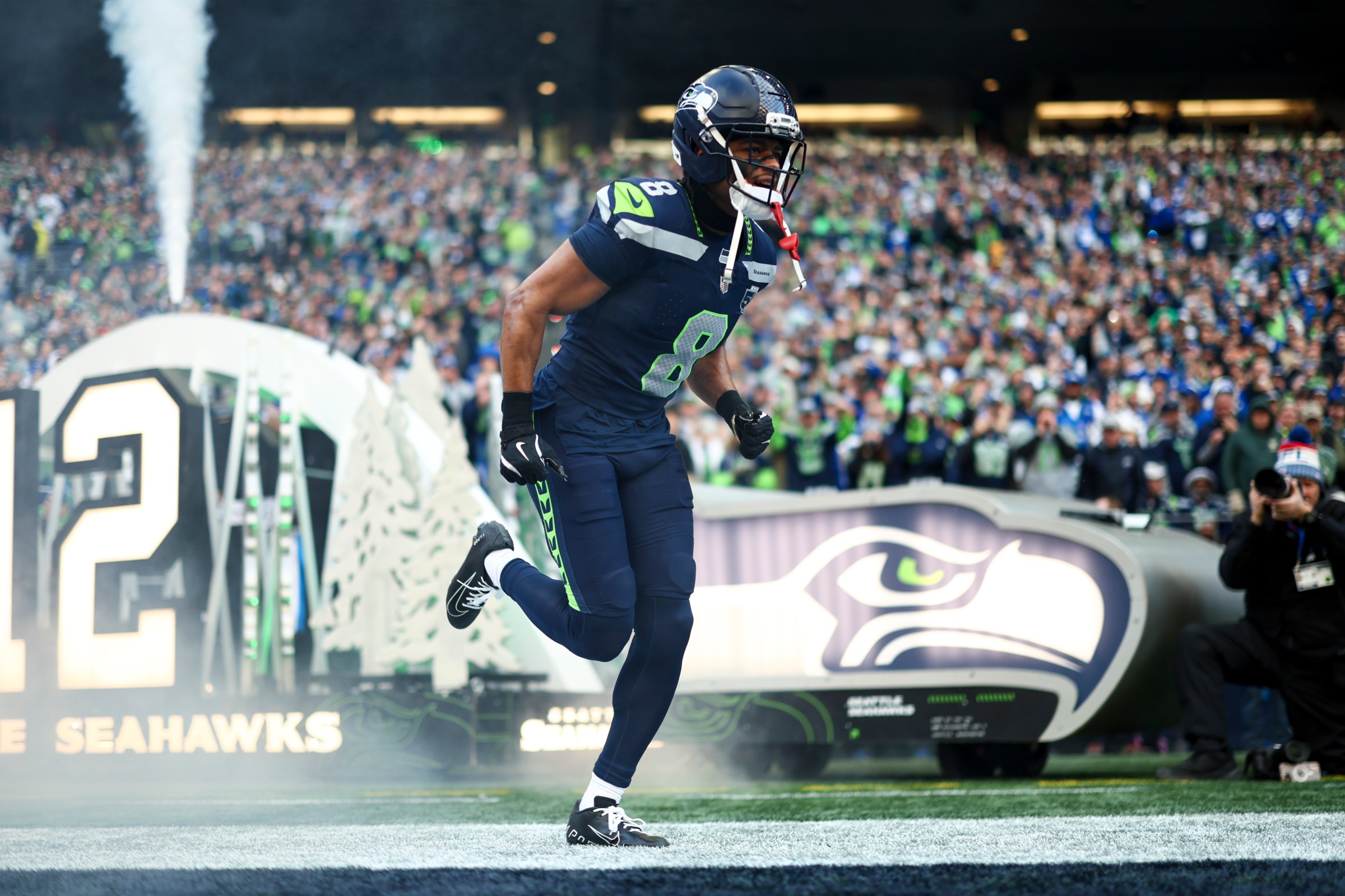 SEATTLE, WASHINGTON - JANUARY 25: Coby Bryant #8 of the Seattle Seahawks takes the field prior to the NFC Championship NFL football game against the Los Angeles Rams, at Lumen Field on January 25, 2026 in Seattle, Washington. (Photo by Kevin Sabitus/Getty Images)