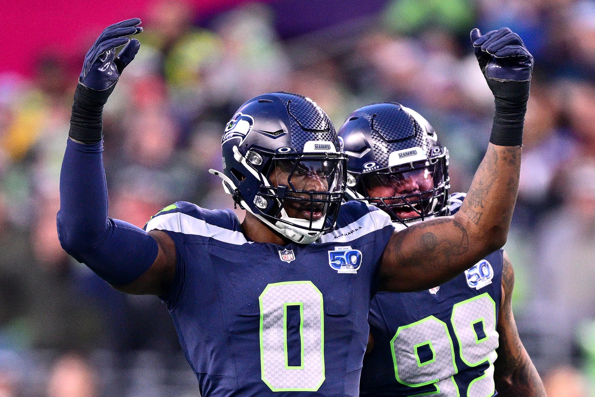SEATTLE, WASHINGTON - JANUARY 25: DeMarcus Lawrence #0 of the Seattle Seahawks reacts after a sack during the second quarter against the Los Angeles Rams in the NFC Championship game at Lumen Field on January 25, 2026 in Seattle, Washington. (Photo by Jane Gershovich/Getty Images)