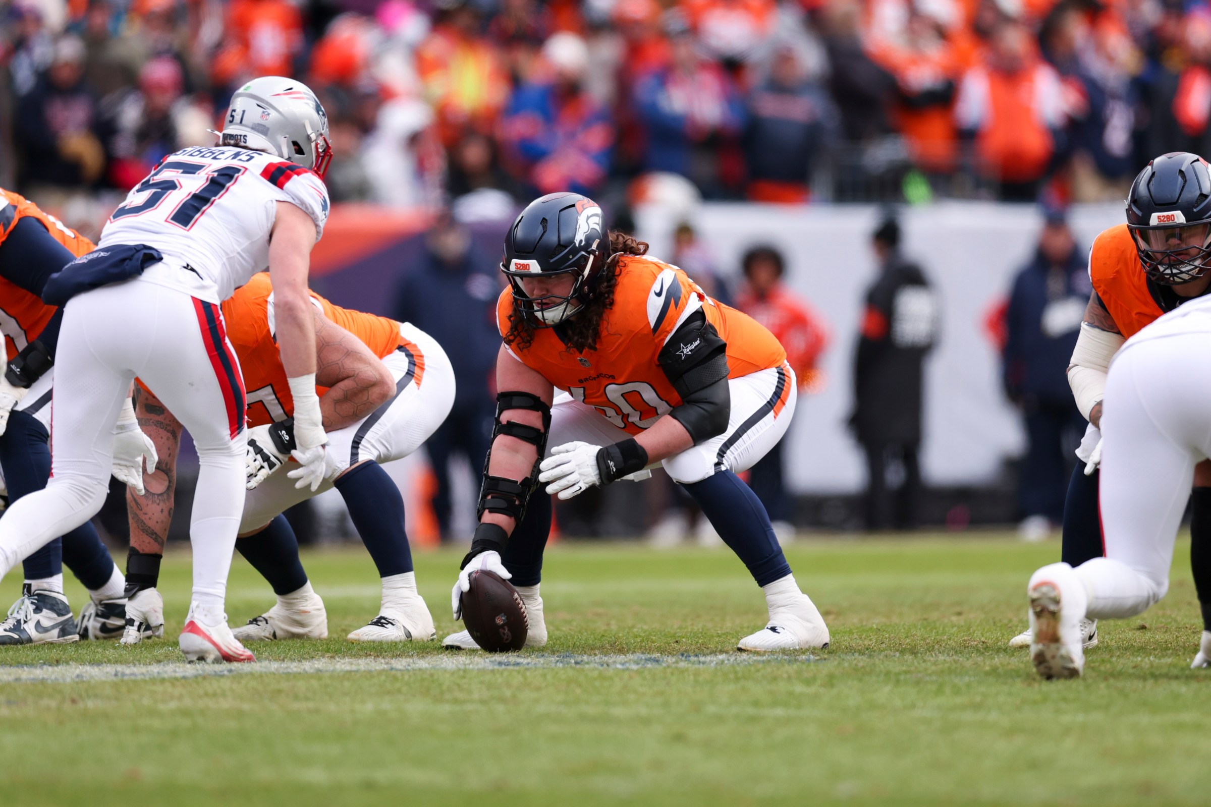 DENVER, COLORADO - JANUARY 25: Luke Wattenberg #60 of the Denver Broncos lines up during the AFC Championship Playoff game between the New England Patriots and the Denver Broncos at Empower Field At Mile High on January 25, 2026 in Denver, Colorado. (Photo by Kara Durrette/Getty Images)