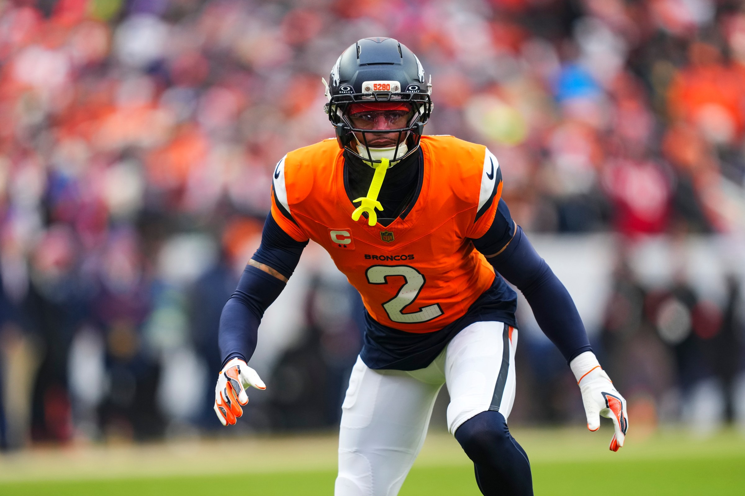 DENVER, CO - JANUARY 25: Pat Surtain II #2 of the Denver Broncos defends in coverage during the AFC Championship NFL football game against the New England Patriots at Empower Field At Mile High on January 25, 2026 in Denver, Colorado. (Photo by Cooper Neill/Getty Images)