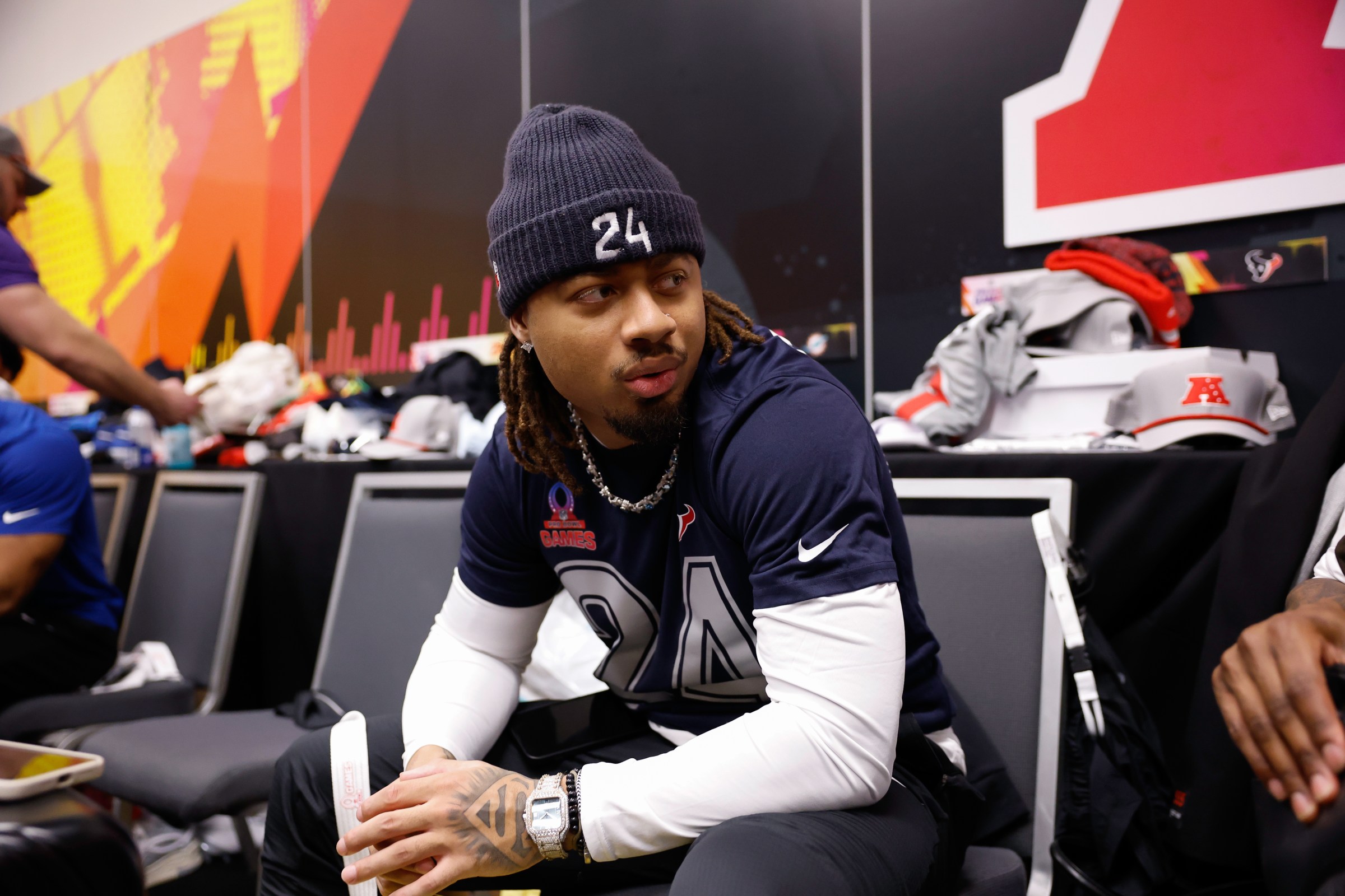 SAN FRANCISCO, CALIFORNIA - FEBRUARY 03: Derek Stingley Jr. #24 of the Houston Texans looks on before the 2026 NFL Pro Bowl game between the AFC and the NFC at the Moscone Center South on February 03, 2026 in San Francisco, California. The NFC won 66-52. (Photo by Alika Jenner/Getty Images)