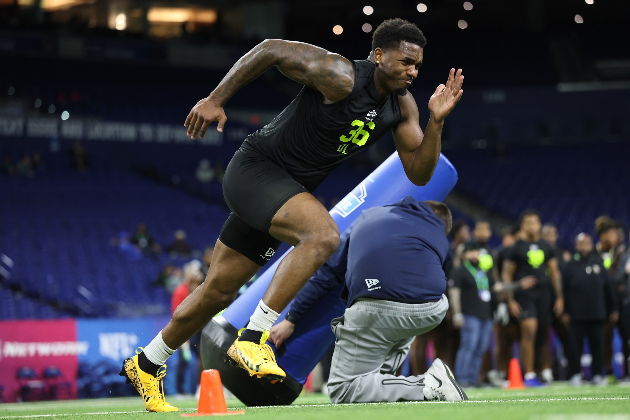 INDIANAPOLIS, INDIANA - FEBRUARY 26: Dani Dennis-Sutton of the Penn State Nittany Lions participates in a drill during the 2026 NFL Scouting Combine at Lucas Oil Stadium on February 26, 2026 in Indianapolis, Indiana. (Photo by Stacy Revere/Getty Images)
