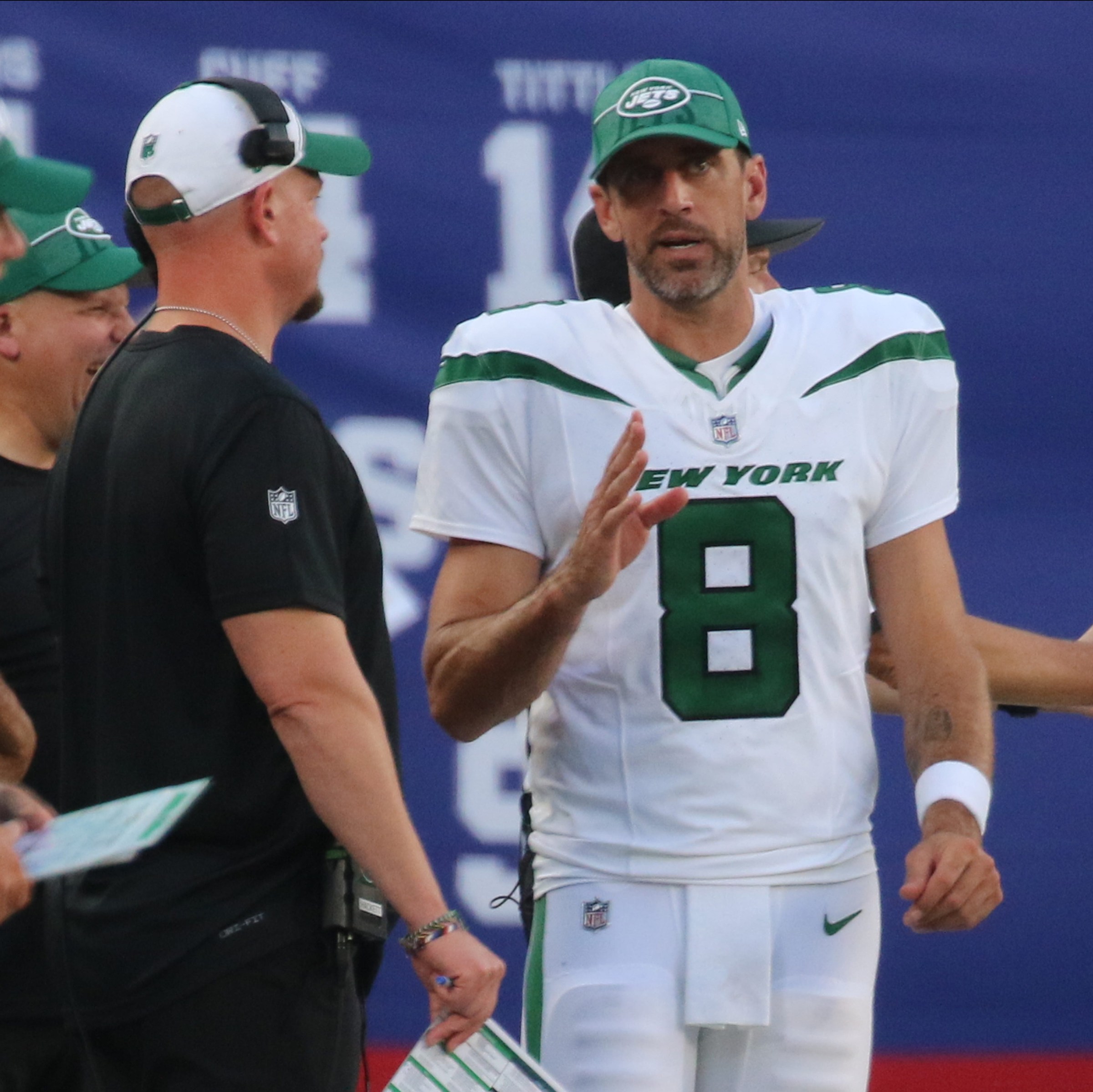 Jets offensive coordinator Nathaniel Hackett and QB Aaron Rodgers