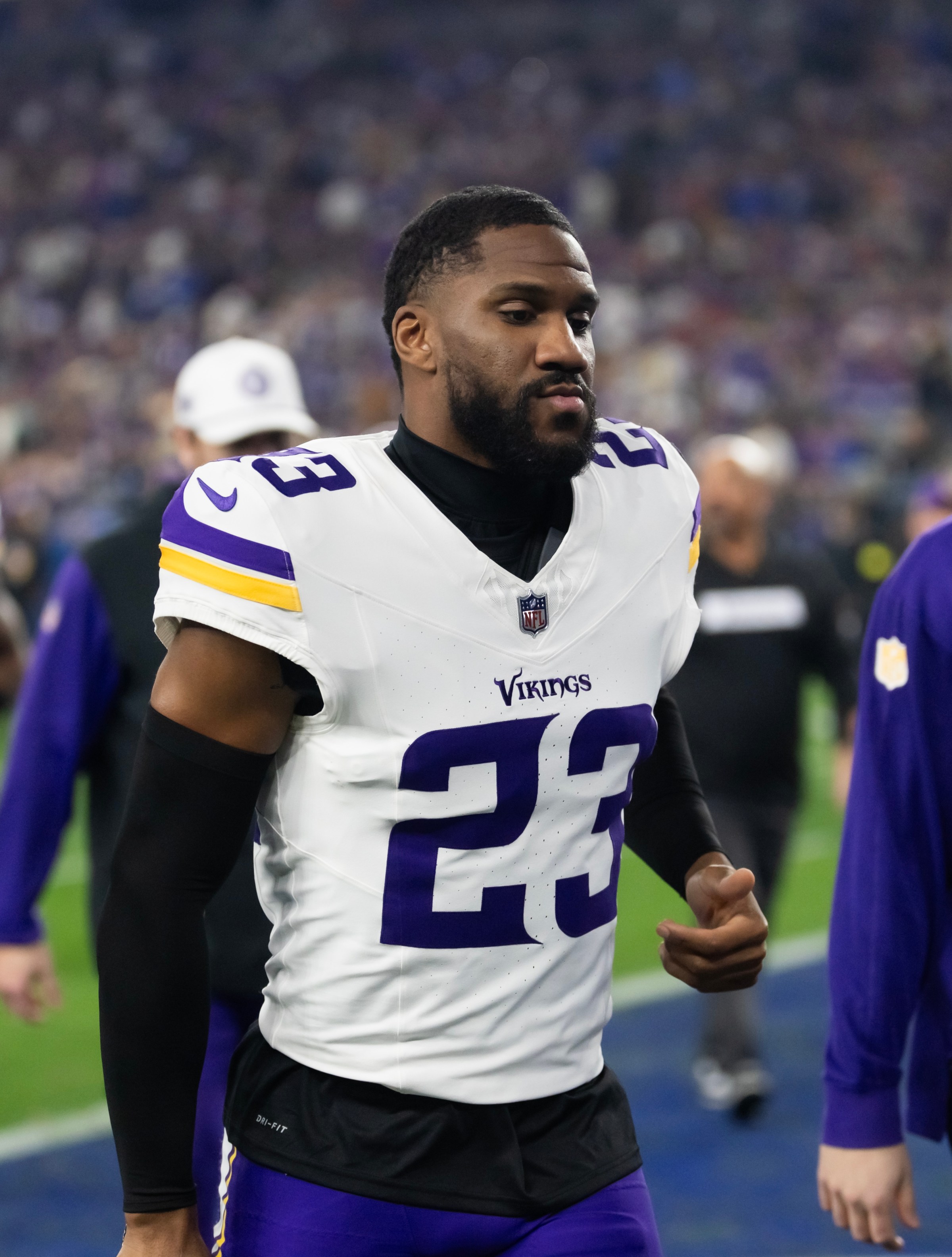 Jan 13, 2025; Glendale, AZ, USA; Minnesota Vikings cornerback Fabian Moreau (23) against the Los Angeles Rams during an NFC wild card game at State Farm Stadium. Mandatory Credit: Mark J. Rebilas-Imagn Images