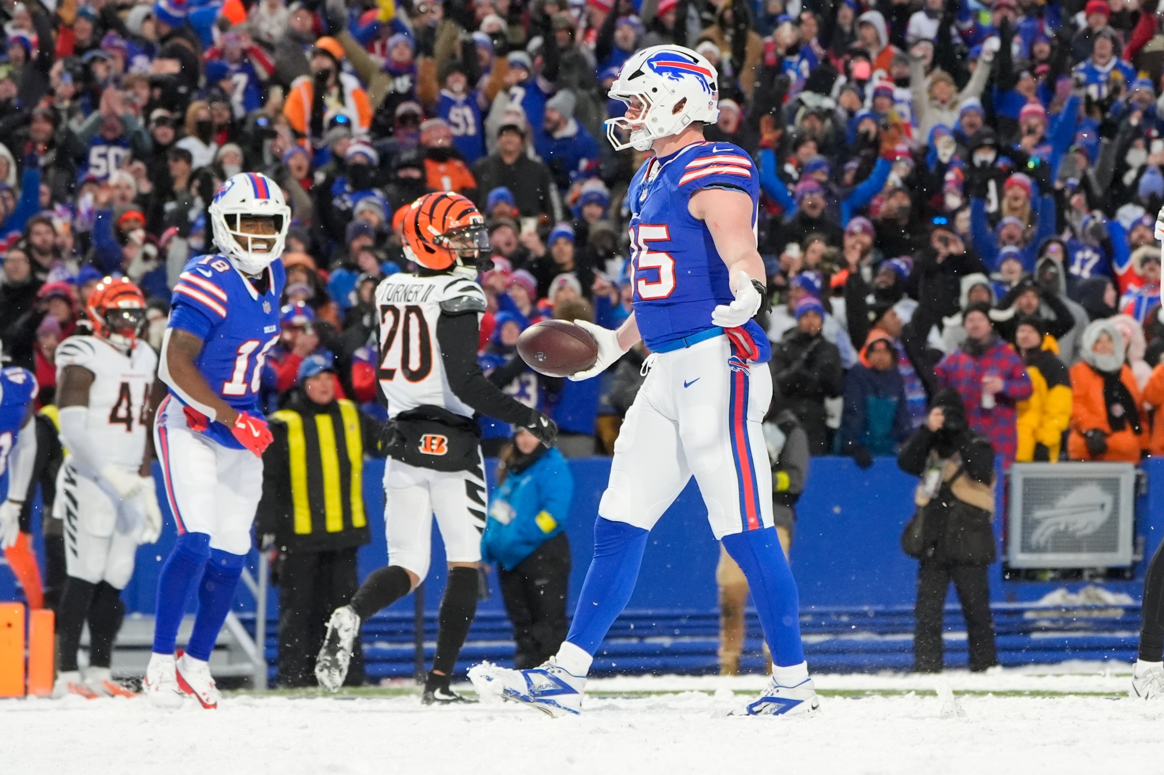 Dec 7, 2025; Orchard Park, New York, USA; Buffalo Bills tight end Jackson Hawes (85) celebrates scoring a touchdown in the fourth quarter against the Cincinnati Bengals at Highmark Stadium. Mandatory Credit: Gregory Fisher-Imagn Images