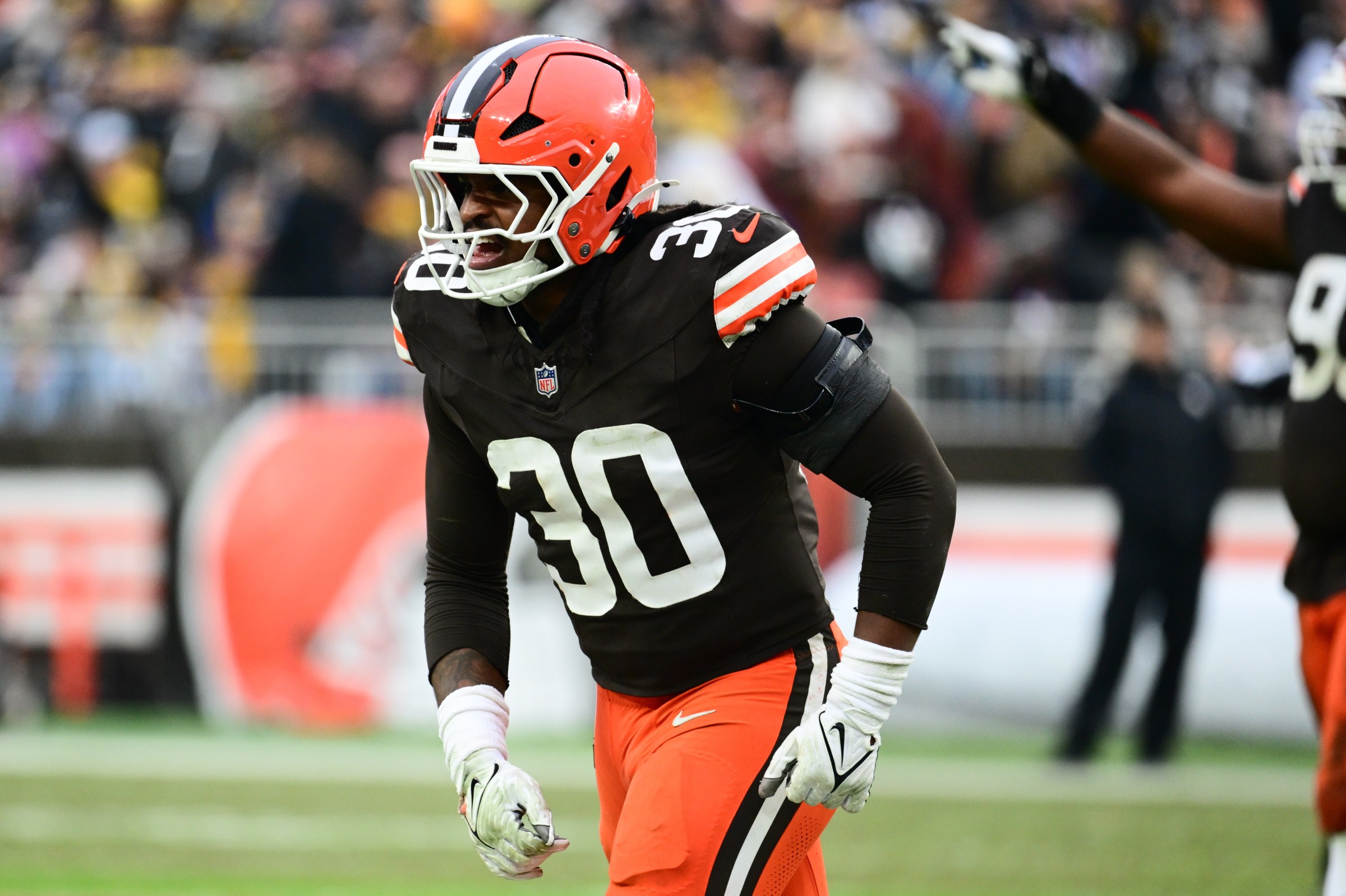 Dec 28, 2025; Cleveland, Ohio, USA; Cleveland Browns linebacker Devin Bush (30) reacts after Pittsburgh Steelers miss a field goal in the third quarter at Huntington Bank Field. Mandatory Credit: Ken Blaze-Imagn Images