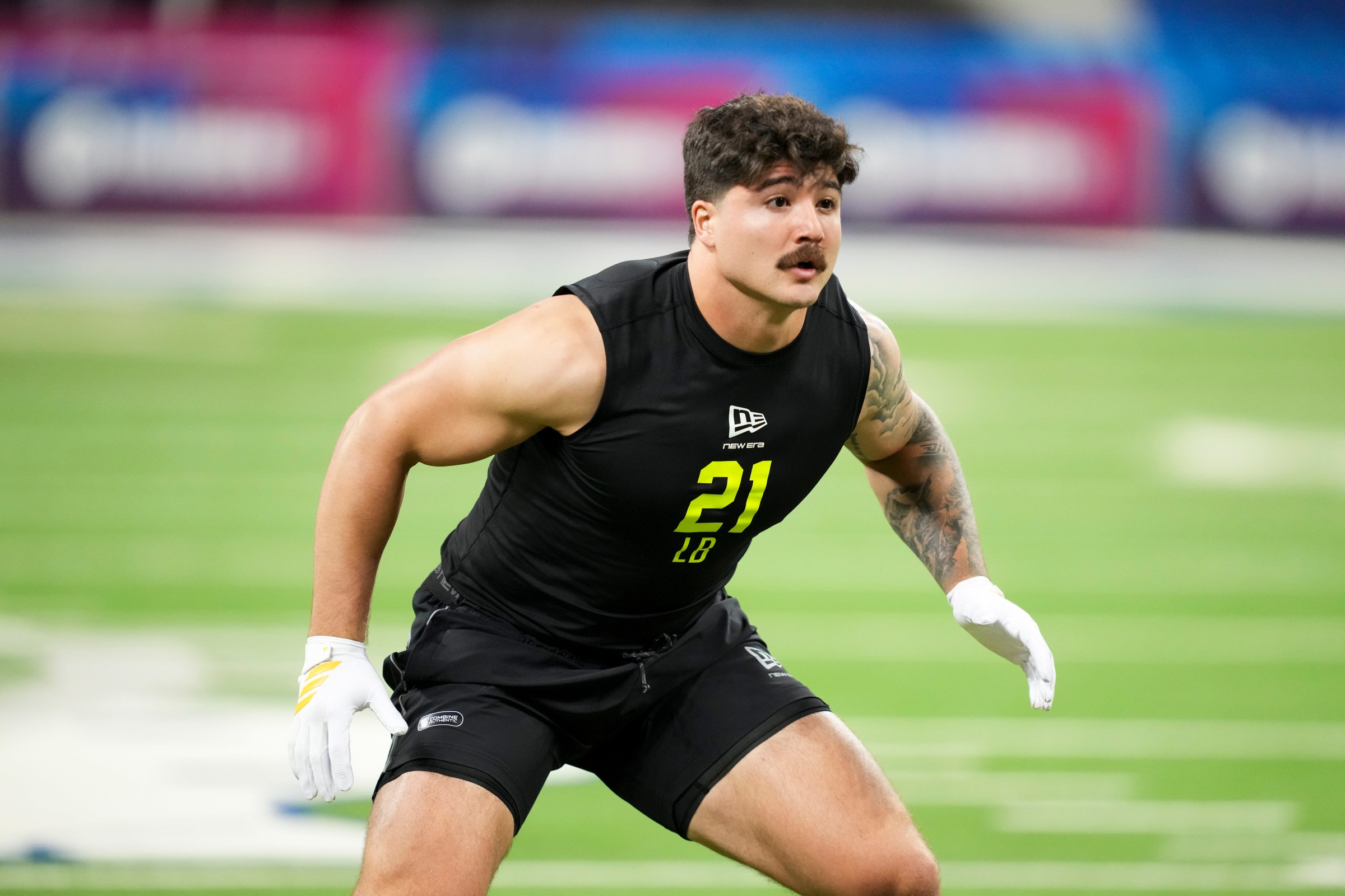 Feb 26, 2026; Indianapolis, IN, USA; Texas Tech linebacker Jacob Rodriguez (LB21) during the NFL Scouting Combine at Lucas Oil Stadium. Mandatory Credit: Kirby Lee-Imagn Images