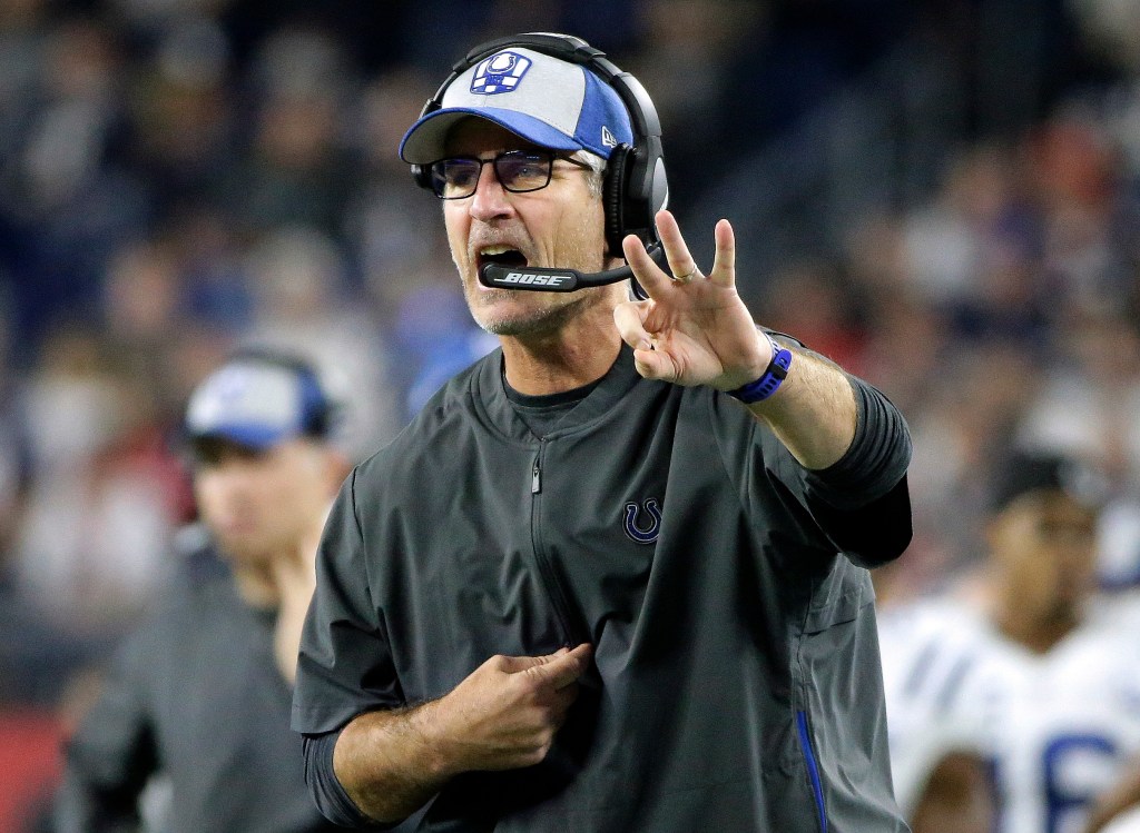 Indianapolis Colts head coach Frank Reich signaling from the sideline.