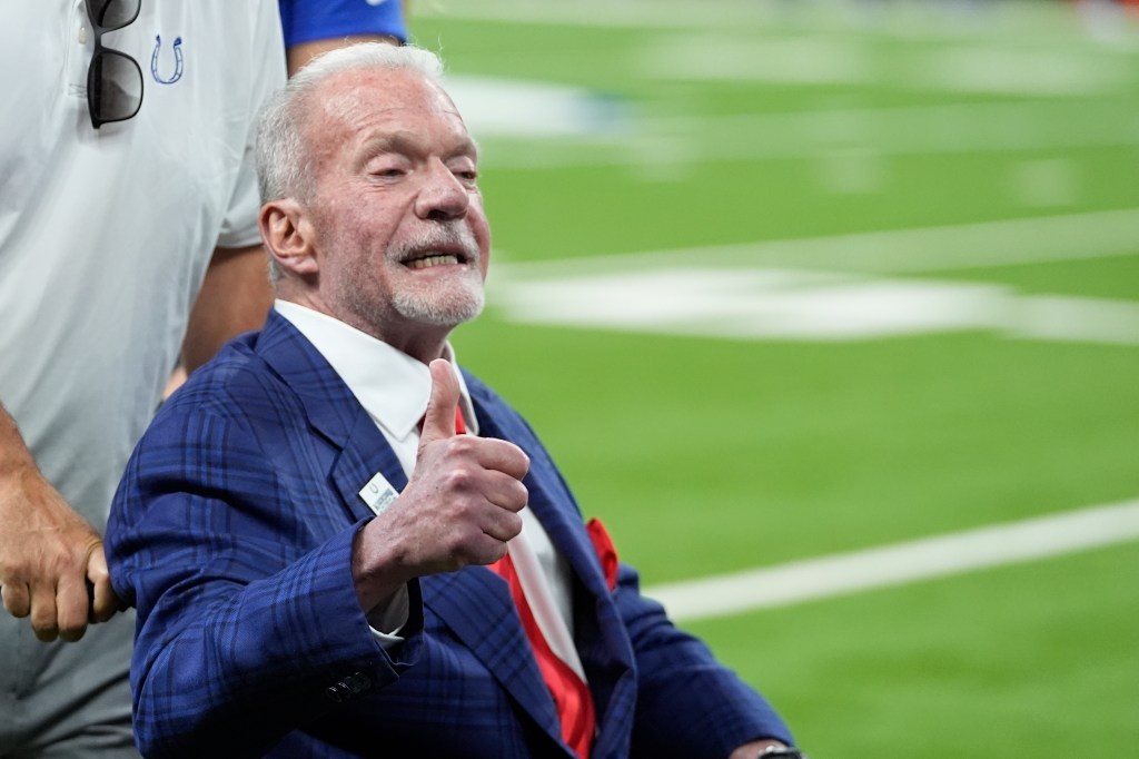 Indianapolis Colts owner Jim Irsay gives a thumbs-up.