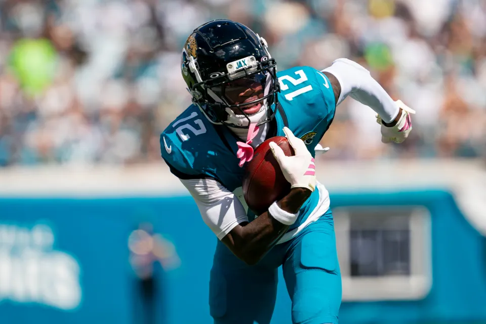 Jacksonville Jaguars wide receiver Travis Hunter (12) runs after a catch during an NFL football game between the Seattle Seahawks and the Jacksonville Jaguars on October 12th, 2025 at EverBank Stadium in Jacksonville, FL.