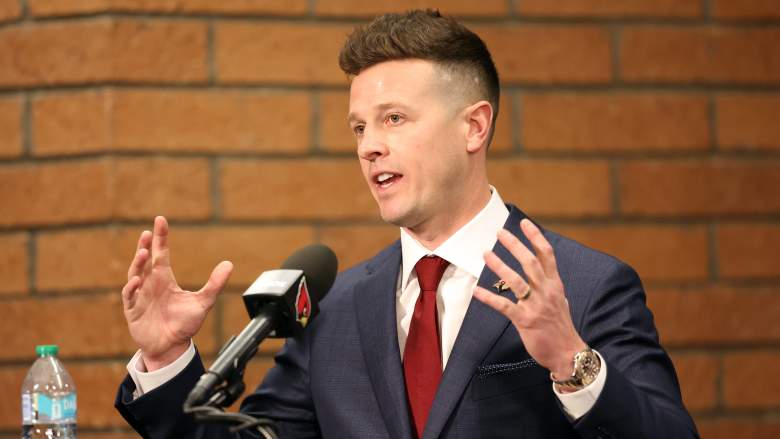 Arizona Cardinals head coach Mike LaFleur at the podium, giving his opening remarks in his introductory press conference.
