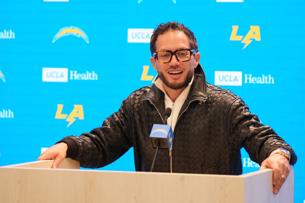 Mike McDaniel speaking at his introduction as the Los Angeles Chargers offensive coordinator.