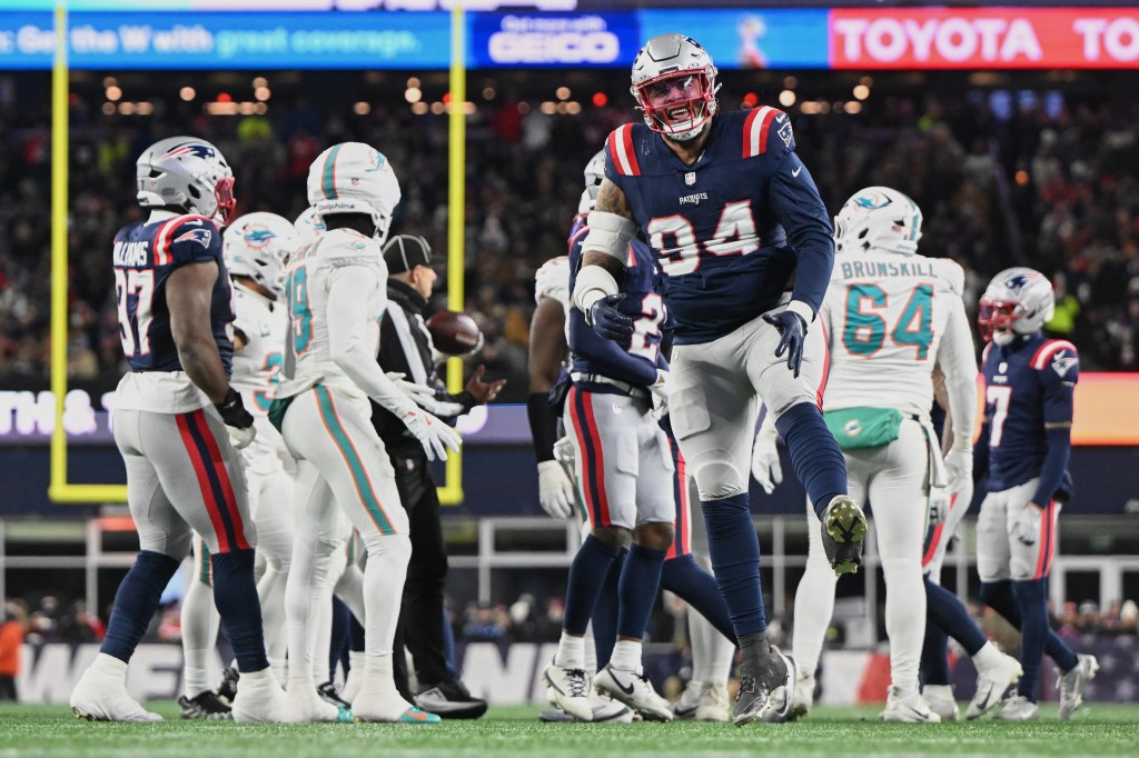 New England Patriots defensive tackle Cory Durden (94) reacts to a defensive stop.