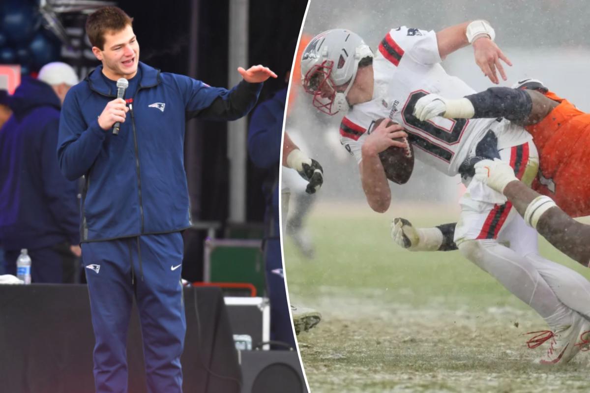 Drake Maye speaks at Patriots' send-off rally before Super Bowl 2026