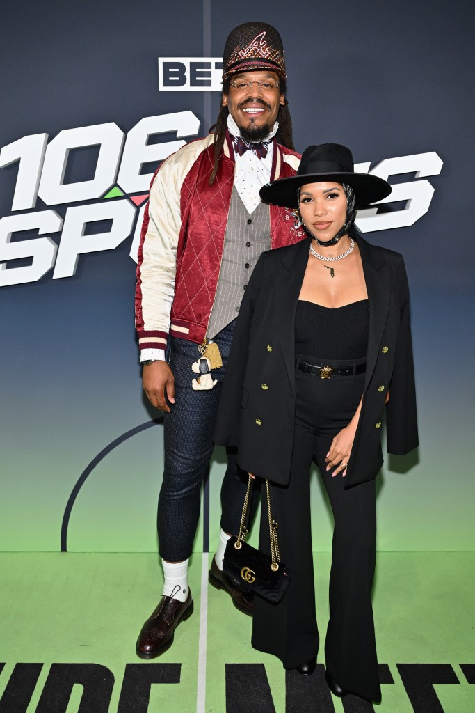Cam Newton and Jasmin Brown attend the BET “106 & Sports” watch party at Illuminarium on October 15, 2025 in Atlanta, Georgia.  