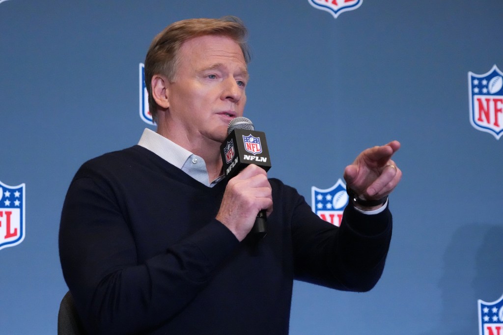 NFL Commissioner Roger Goodell speaking at a press conference.