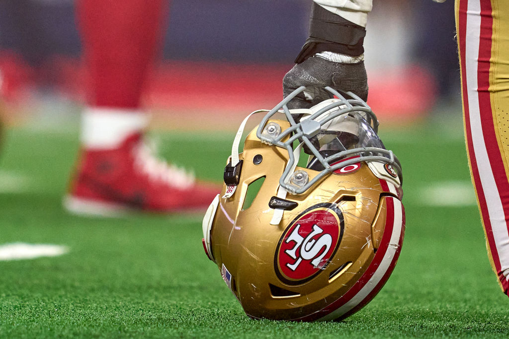 A detail view of a San Francisco 49ers helmet is seen during the NFC Wild Card game between the San Francisco 49ers and the Dallas Cowboys on January 16, 2022 at AT&T Stadium in Arlington, TX. (Photo by Robin Alam/Icon Sportswire via Getty Images)