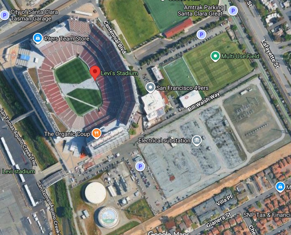 Satellite map showing Levi's Stadium, the San Francisco 49ers training facility, and an electrical substation.