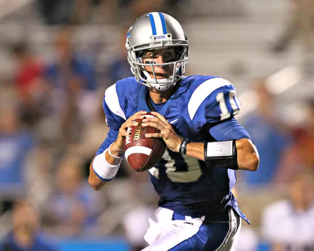MTSU quarterback Logan Kilgore looks to pass during a game against the University of Louisiana at Monroe on Oct. 6, 2012. (Photo courtesy of MTSU Athletics)