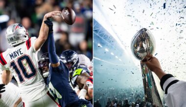 Left: A football player in a white jersey, number 10, throws a pass while being blocked by a defender in a dark uniform. Right: A hand holds up a shiny football trophy amid flying confetti in a stadium.