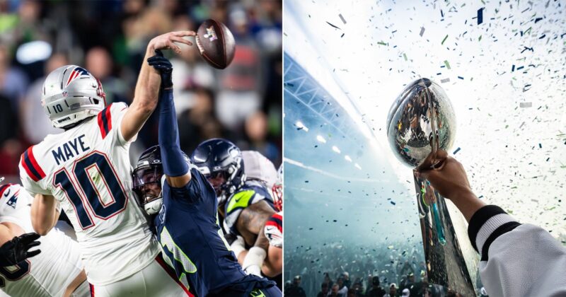 Left: A football player in a white jersey, number 10, throws a pass while being blocked by a defender in a dark uniform. Right: A hand holds up a shiny football trophy amid flying confetti in a stadium.