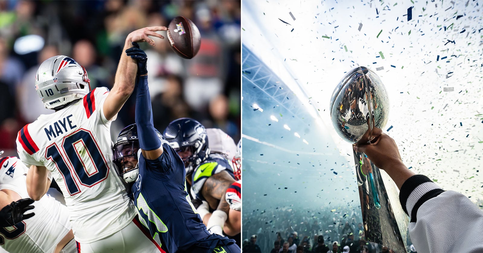 Left: A football player in a white jersey, number 10, throws a pass while being blocked by a defender in a dark uniform. Right: A hand holds up a shiny football trophy amid flying confetti in a stadium.