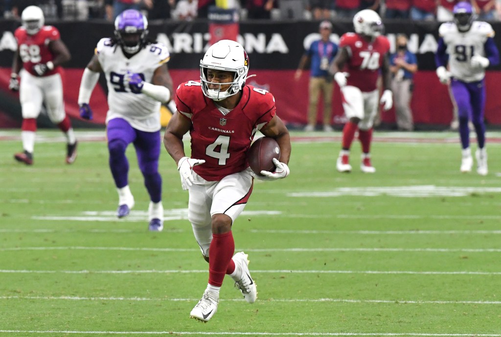 Arizona Cardinals' Rondale Moore running with the football against the Minnesota Vikings.