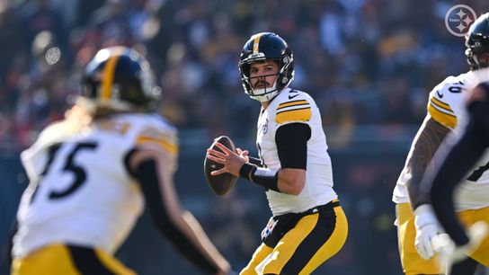 Steelers quarterback Mason Rudolph looks to throw during Pittsburgh's 31-28 loss against the Chicago Bears in Week 12 of the 2025 NFL Regular Season.