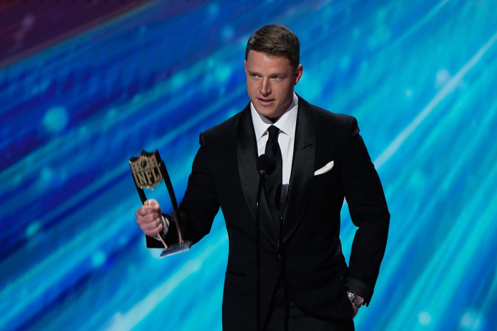 Christian McCaffrey accepting the AP Comeback Player of the Year award.