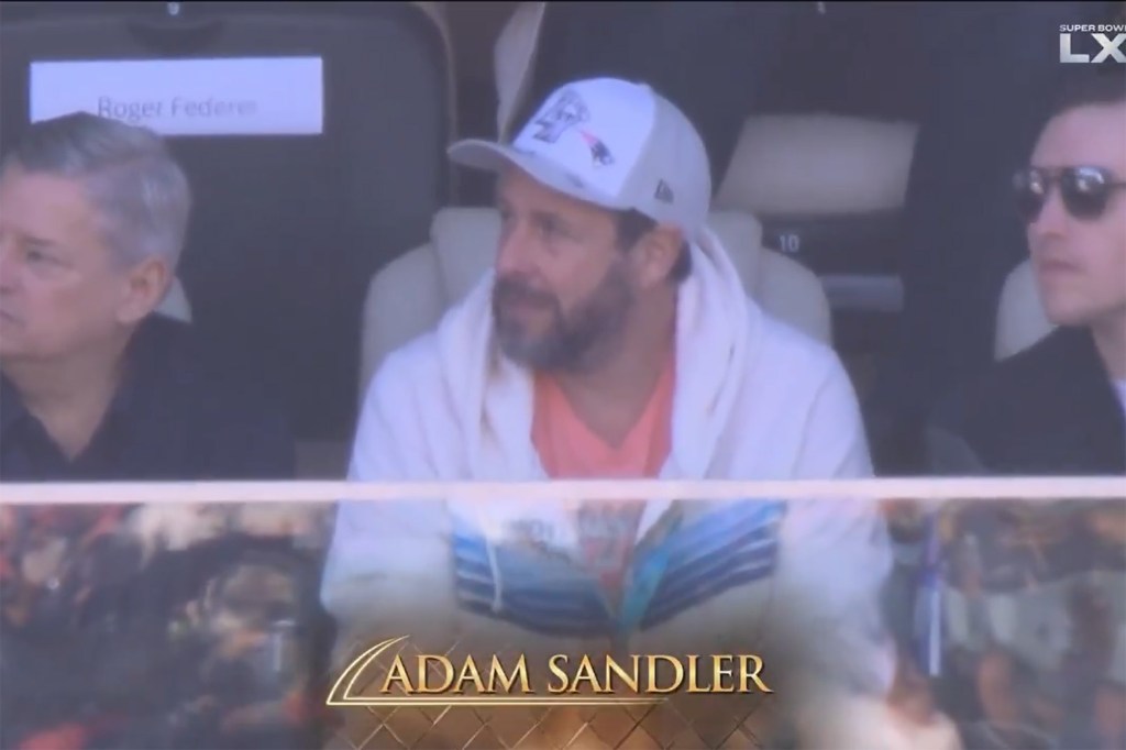 Actor Adam Sandler in the stands during Super Bowl LX.