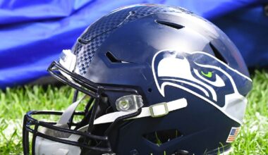 A Seattle Seahawks helmet on the grass