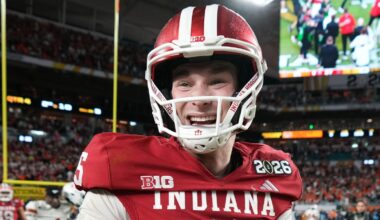 FILE - Indiana quarterback Fernando Mendoza smiles after their win against Miami in the College Football Playoff national championship game, Monday, Jan. 19, 2026, in Miami Gardens, Fla. (AP Photo/Rebecca Blackwell, File)