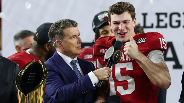MIAMI GARDENS, FL - JANUARY 19: Rece Davis interviews QB Fernando Mendoza #15 of the Indiana Hoosiers after winning the Indiana Hoosiers versus the Miami Hurricanes College Football Playoff National Championship Game Presented by AT&T on January 19, 2026, at Hard Rock Stadium in Miami Gardens, FL. (Photo by David Buono/Icon Sportswire) (Icon Sportswire via AP Images)