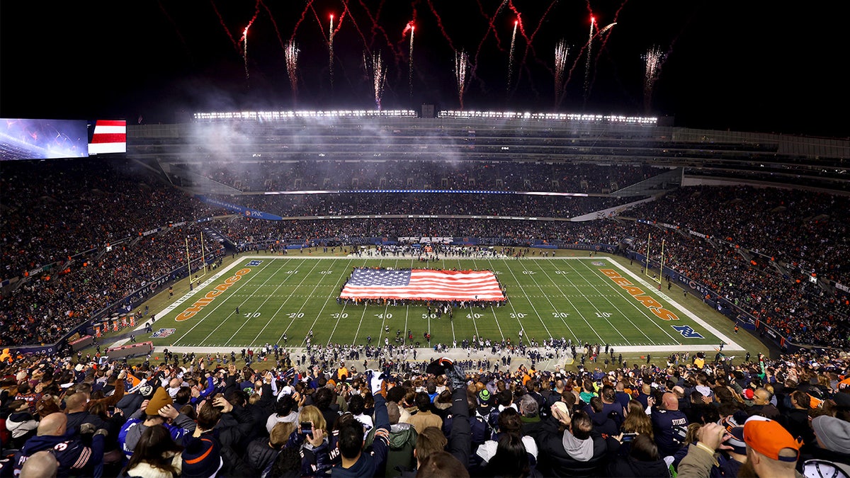 National anthem before Seahawks-Bears game at Soldier Field.